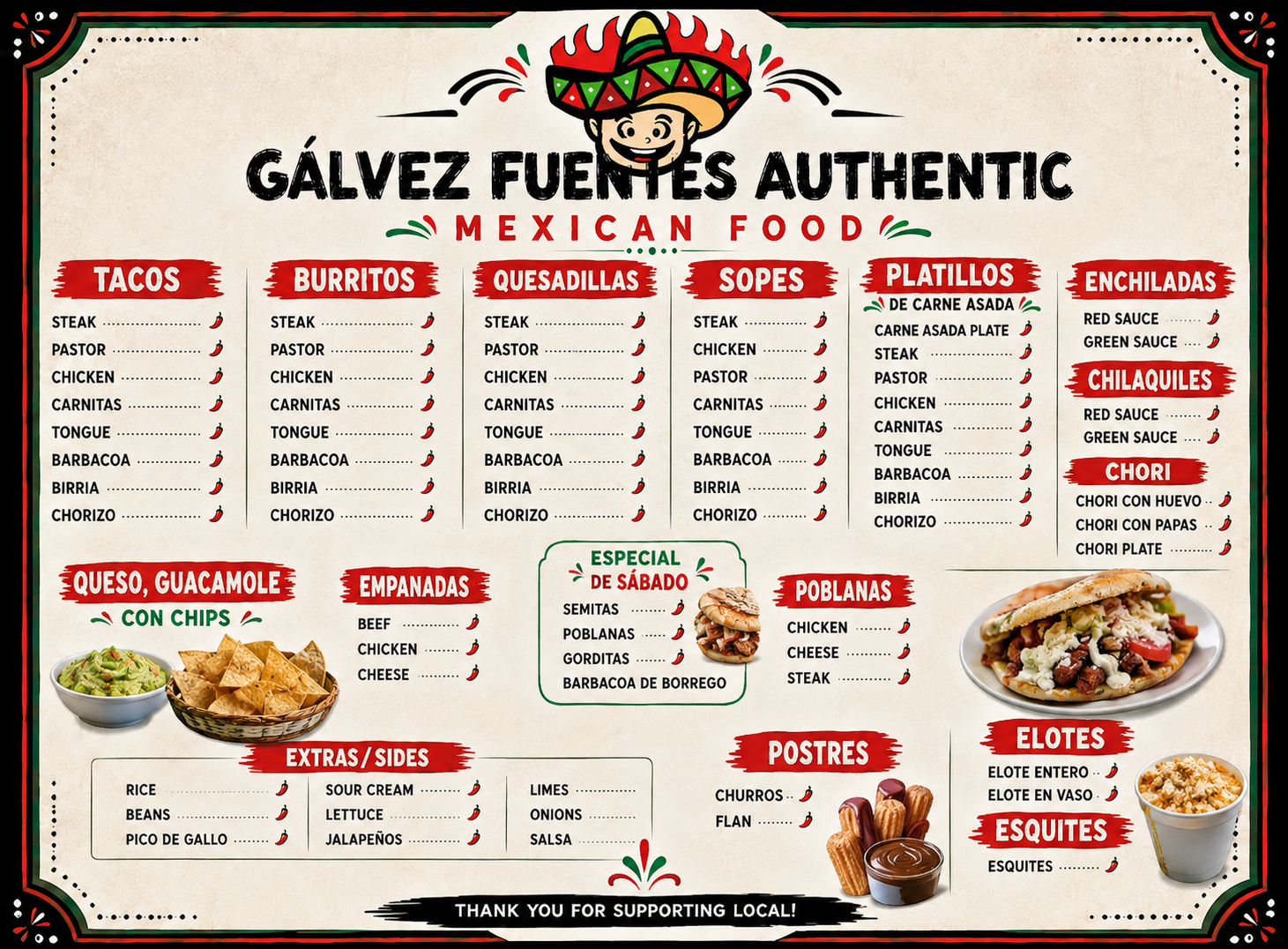 Gálvez Fuentes full menu with tacos, burritos, quesadillas, sopes, platillos, enchiladas, chilaquiles, chori, empanadas, Saturday specials, postres, elotes, esquites and extras